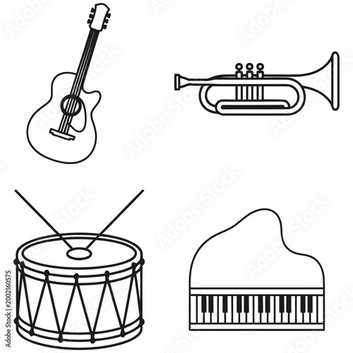 Musical instruments collection including guitar trumpet drum and piano line art icons on white background