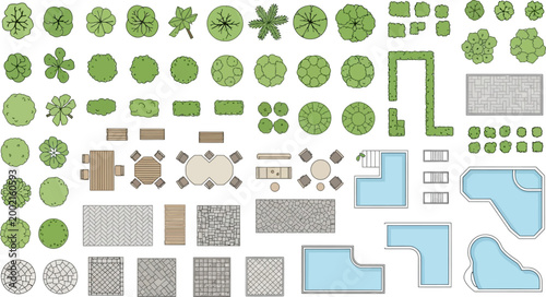 Landscape design elements set with garden plan symbols top view architectural vector trees pools furniture and paving patterns