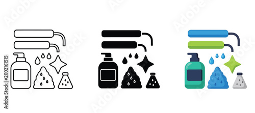 Set of cleaning icons, soap dispenser, sponge, spray, and sparkle, vector illustration for household cleaning products and supplies