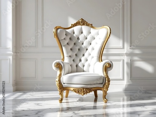Elegant white tufted throne chair with gold accents