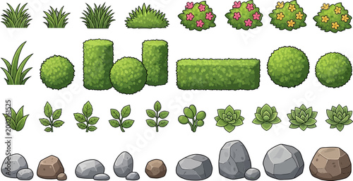Nature game assets collection featuring cartoon vector grass bushes topiary hedges leaves and rocks isolated on white background