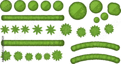 Top view garden landscape elements vector set featuring green trees bushes hedges and shrubs for architectural site planning