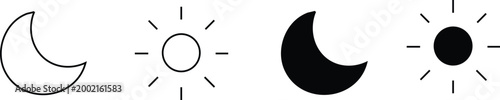 Four icons of moon phases and sun with rays  crescent moon  new moon  full moon  sun with rays
