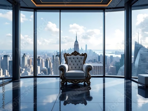 White throne chair penthouse nyc skyline view luxury seat