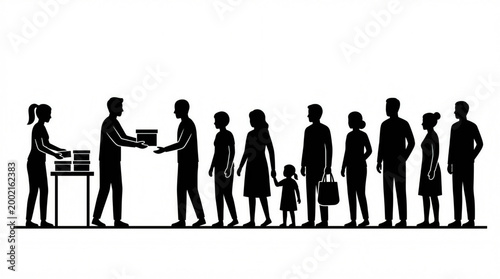 people receiving boxes in a queue silhouette