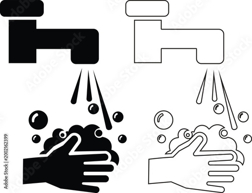 Fotografía Hand hygiene icons washing hands with water and soap 
bubbles black and white si