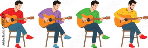 Cartoon guitar player illustration with colorful clothing variations showing music performance and creative artistic design