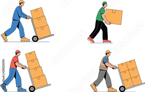 Cartoon workers illustration handling boxes with hand trucks and manual lifting for logistics and safety design