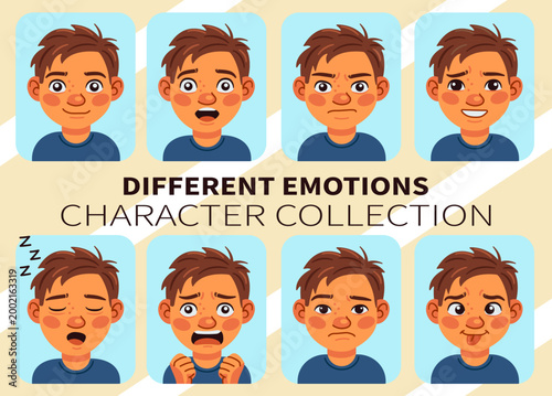 Boy character expressions and emotions collection – Set of 8 flat cartoon vector portraits