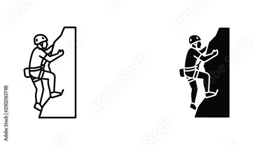 Rock climber scaling a cliff outline and solid icon vector graphic for adventure and extreme sports
