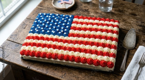 Patriotic USA Flag Cake Served on Rustic Wooden Table