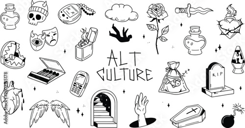 Alt culture line set featuring gothic and emo symbols on a solid black background
