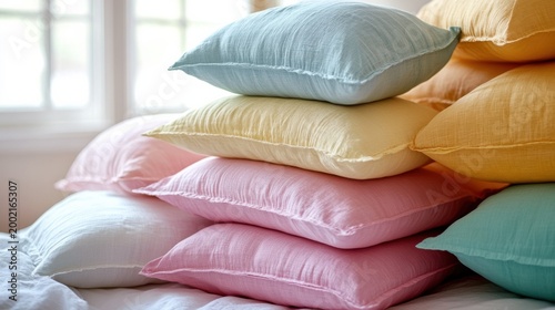 Colorful Pile of Soft Decorative Cushions on Bedding