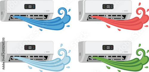 Colorful air conditioning units illustration showing cooling, heating, purified airflow, and modern digital display designs