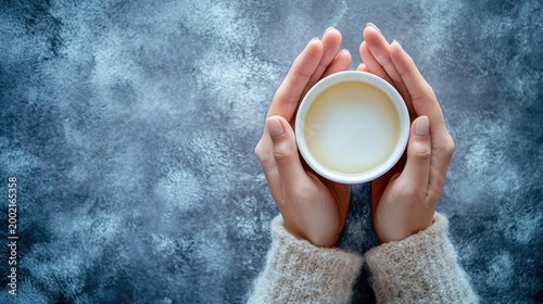 Hands Holding a White Cup on a Textured Gray Background