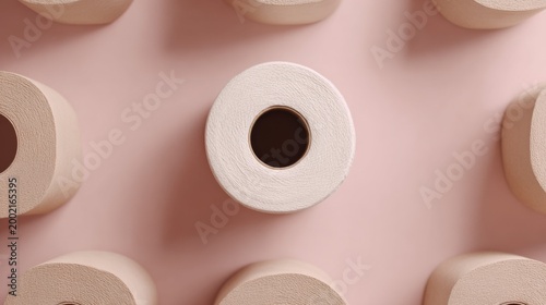Single Roll of Toilet Paper on Pink Background with Surrounding Rolls