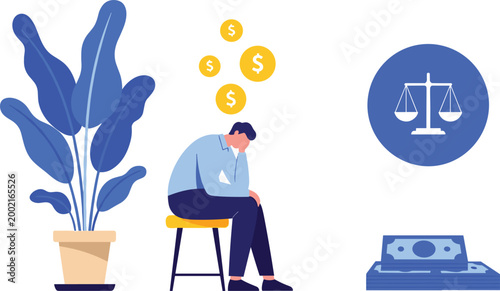 PrintMan sitting in despair with money icons and scales of justice representing financial debt and legal struggle