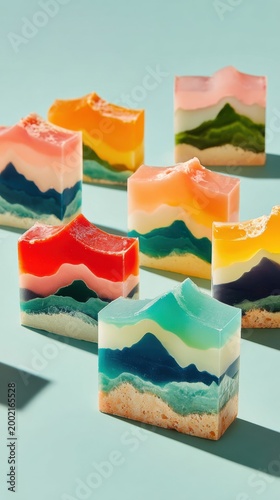 Colorful Patterns in Artisan Soap Bars on Blue Background