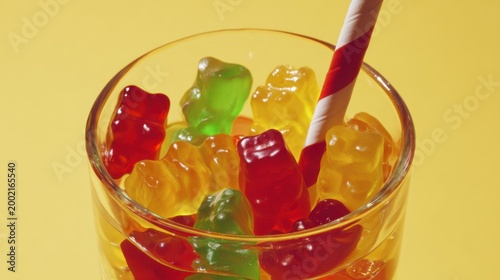 Glass of Colorful Gummy Bears with Straw on Yellow Background