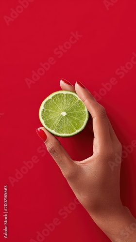 Hand Holding a Fresh Lime Slice on a Red Background