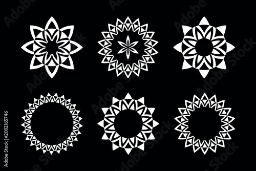 Set of White Symmetrical Design Elements and Decorative Star Icons on Black B...