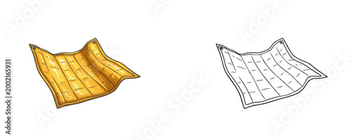 Colored and black outline portable headlamp illustrations in cartoon and line art styles with brown elastic strap and bright lens for handsfree lighting on white background