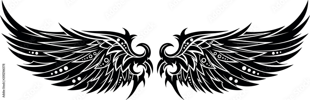 Obraz premium Black Tribal Gothic Eagle Wings Tattoo Design with Decorative Feather Details for Biker, Fantasy, and Heraldic Theme Illustrations