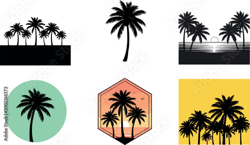 Black Silhouette Palm Tree Set with Beach Sunset and Tropical Island Scenes for Summer, Travel, and Vacation Logo and Poster Designs