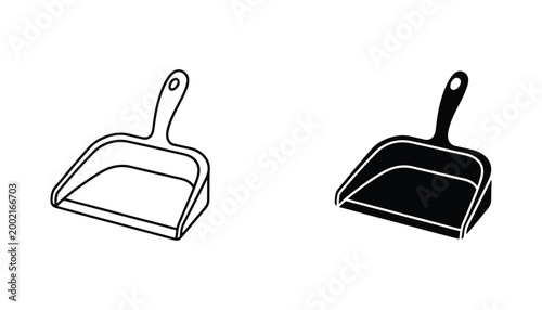 Dustpan icon outline and solid silhouette on white background for cleaning and household chores