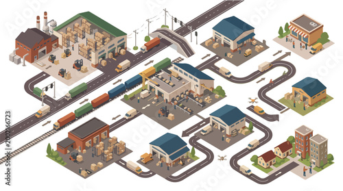 Isometric Logistics Network Illustration Supply Chain Workflow System Distribution Center Transportation Vector