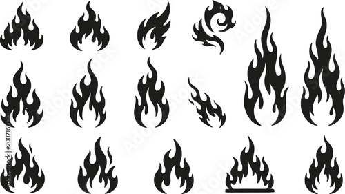 Collection of various black flame shapes isolated on a white background, for use fire