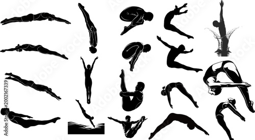 Diving Athlete Silhouette Set, Swimming and Gymnastics Jump Poses Collection, Acrobat Sports Action Vector Illustration, Water Dive and Fitness Movement Design
