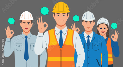 Diverse team of construction workers and engineers in hard hats and safety vests making an ok gesture with speech bubbles