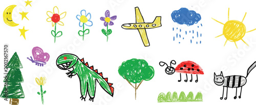 Colorful children's crayon of nature, animals, and on a white background, kids
