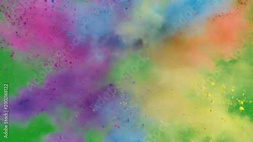 A vibrant explosion of colorful powder bursts against a bright green screen, creating a dynamic and eye-catching visual effect.