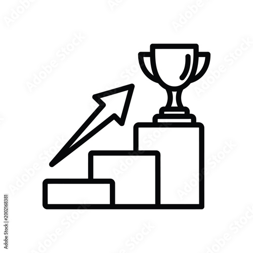 Black and white line of trophy on podium with arrow