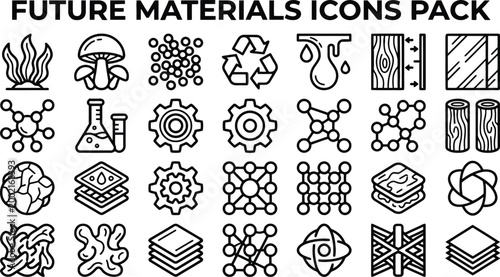 Detailed line art icons represent diverse future materials, showcasing innovation and advanced technology