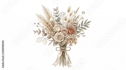 Elegant dried flower bouquet with beige roses and greenery on white background, tied with ribbon