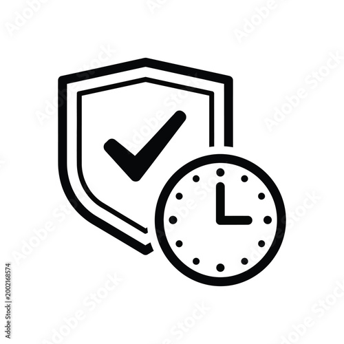 Black and white line shield with checkmark and clock