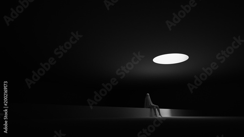 Ghost White Floating Phantom Spirit Apparition in Dark Void with Dramatic Spotlight Eerie Minimalist Atmosphere 3D Illustration