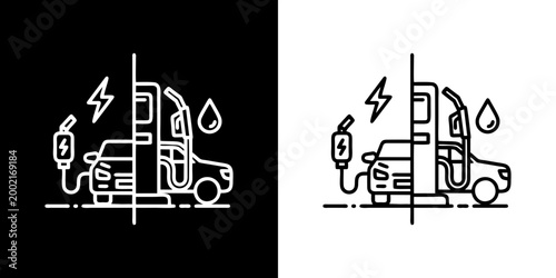 Electric car charging vs fuel car refueling comparison icon energy concept