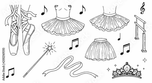 Ballet, dance, tutu, ballerina, vector icons, 8 elements, black and white, line art, music notes, ballet accessories