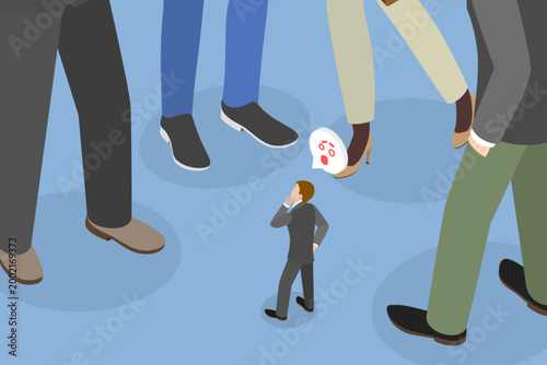 3D Isometric Flat Vector Illustration of Feel Small, Businessman Surrounded By Giant MenS Feet, Intimidation Concept