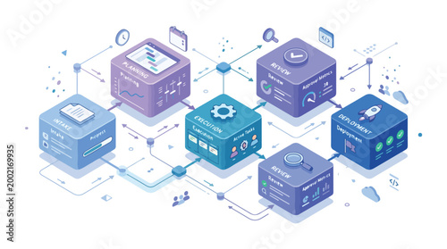 Isometric Workflow System Illustration Project Management Process Design Vector Graphic for Business and Technology Concepts