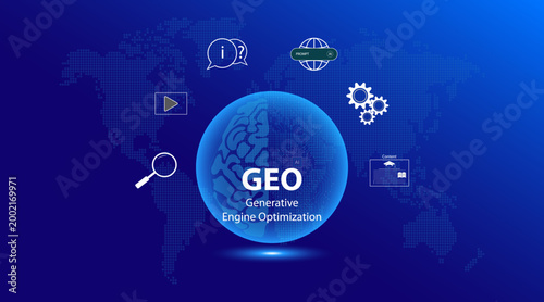 Generative Engine Optimization concept. Ranked in the Age of AI, content visibility, digital strategy, search innovation, marketing.