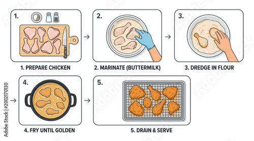 Five step infographic showing the professional preparation and deep frying process for making crispy southern style fried chicken at home
