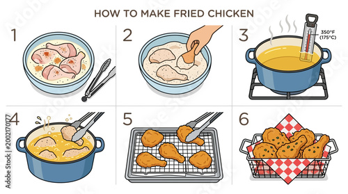 Educational step by step guide showing the entire cooking process required for making delicious crispy golden fried chicken at home