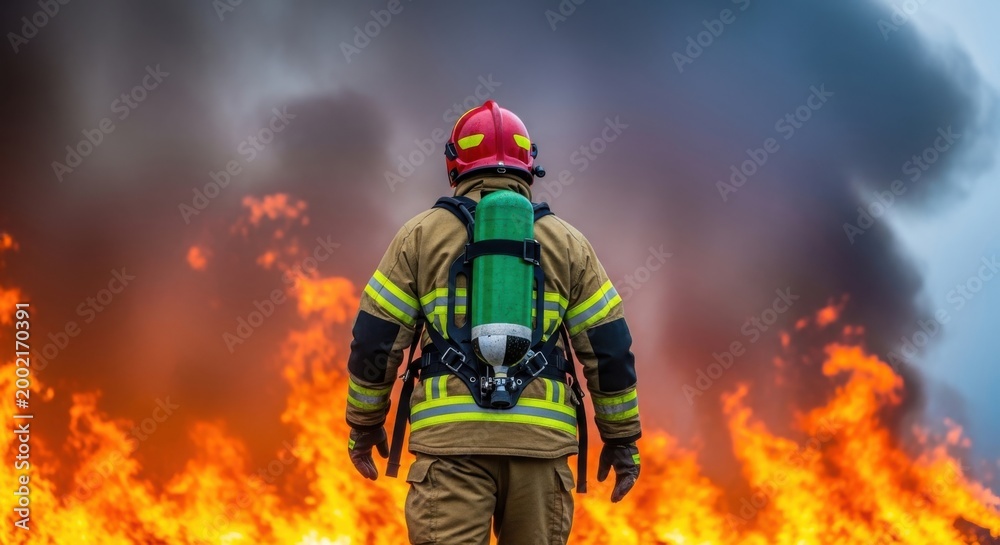 Fototapeta premium Firefighter Facing Wildfire Flames and Smoke, Ready for Action