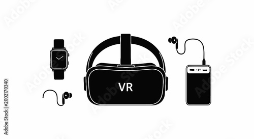 Virtual reality headset, smartwatch, wireless earbuds, portable charger, black line icons, technology accessories, VR goggles, wearable devices, electronics, vector illustrations
