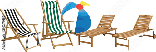 Beach Lounge Chairs Set with Deck Chairs and Sunbed, Summer Relaxation Furniture Illustration for Vacation, Resort and Poolside